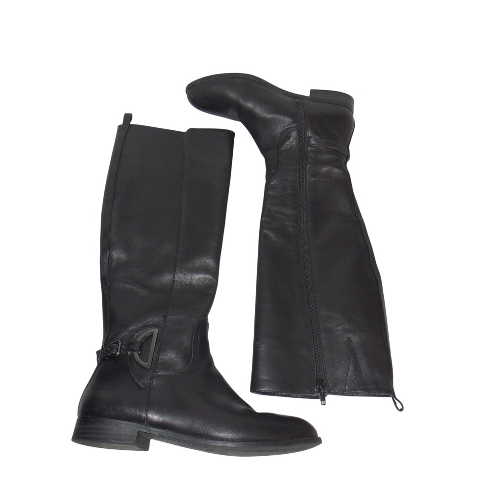 Alex Marie Black Leather Tall Riding Boots Knee High Low Heel Buckle Size 6M